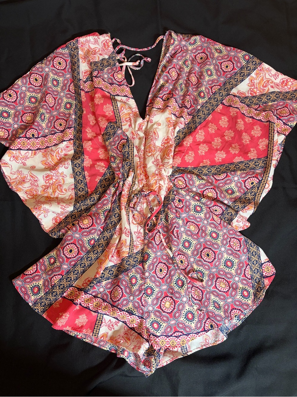 VENUS Pink and Cream Patchwork Boho Tie-back Tunic one piece with shorts